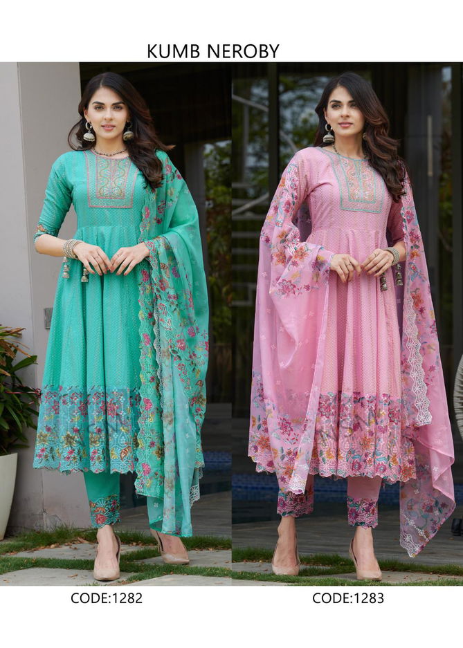 Kumb Neroby Neck Work Cotton Anarkali Kurti With Bottom Dupatta Wholesale Price In Surat